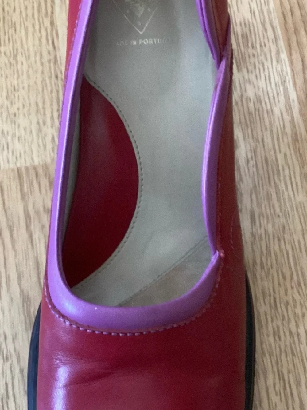 John Fluevog Red Leather Pumps With Purple Trim, Size 12, Spool Heel
